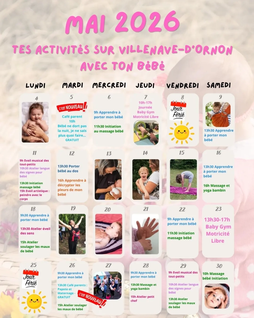 calendrier des ateliers collectifs parents et bébé de mai 2026